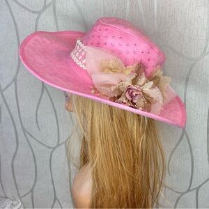🎀🌷 Pink Rhinestone Floral Accent Western Doll Style Cowgirl Cowboy Hat 🌷🎀